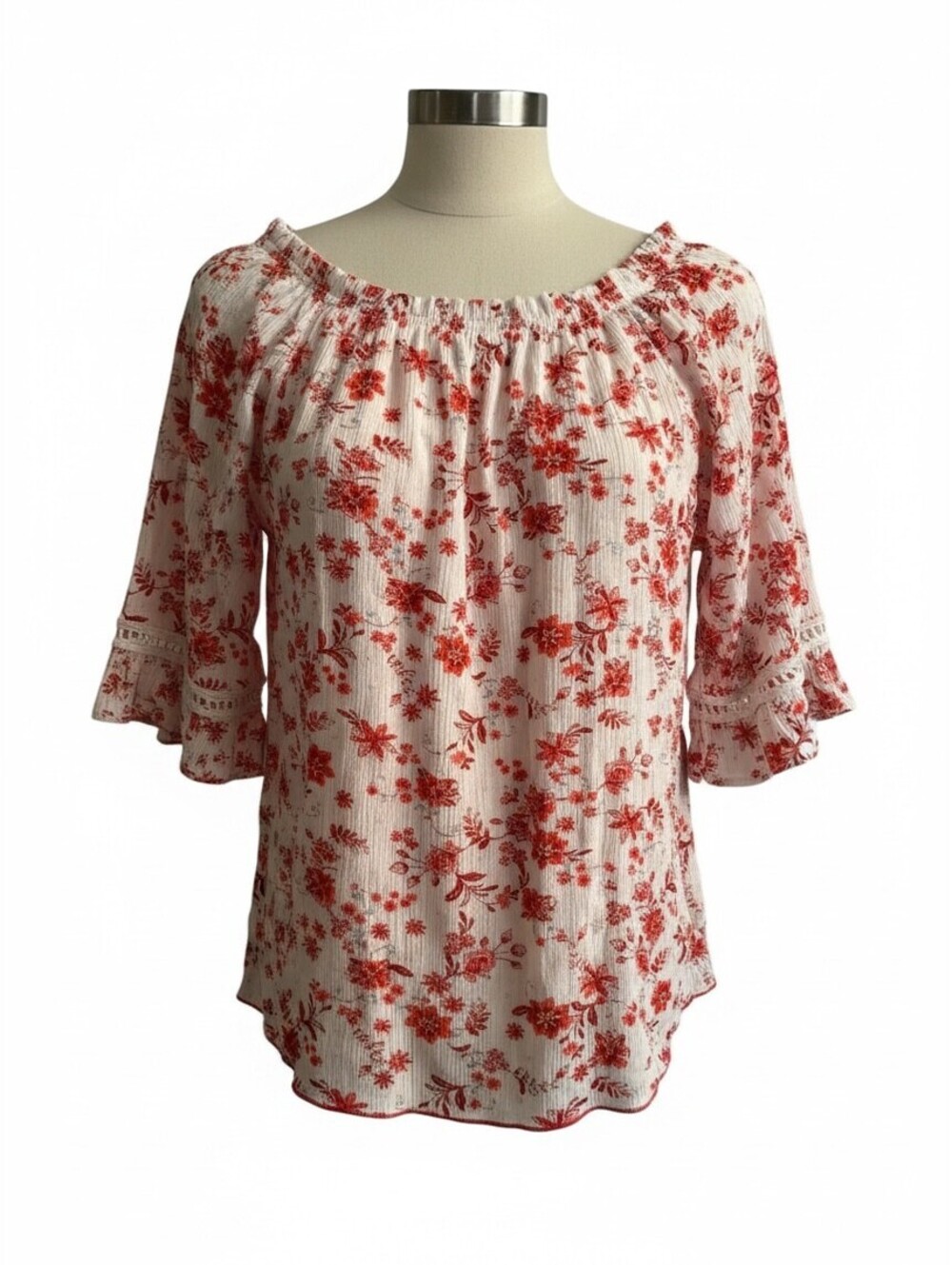 Women's White and Red Floral Off-Shoulder Blouse with Ruffle Sleeves